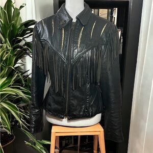 Vintage Protech Leather Apparel USA Motorcycle Black Fringe Bomber Jacket SZ 10